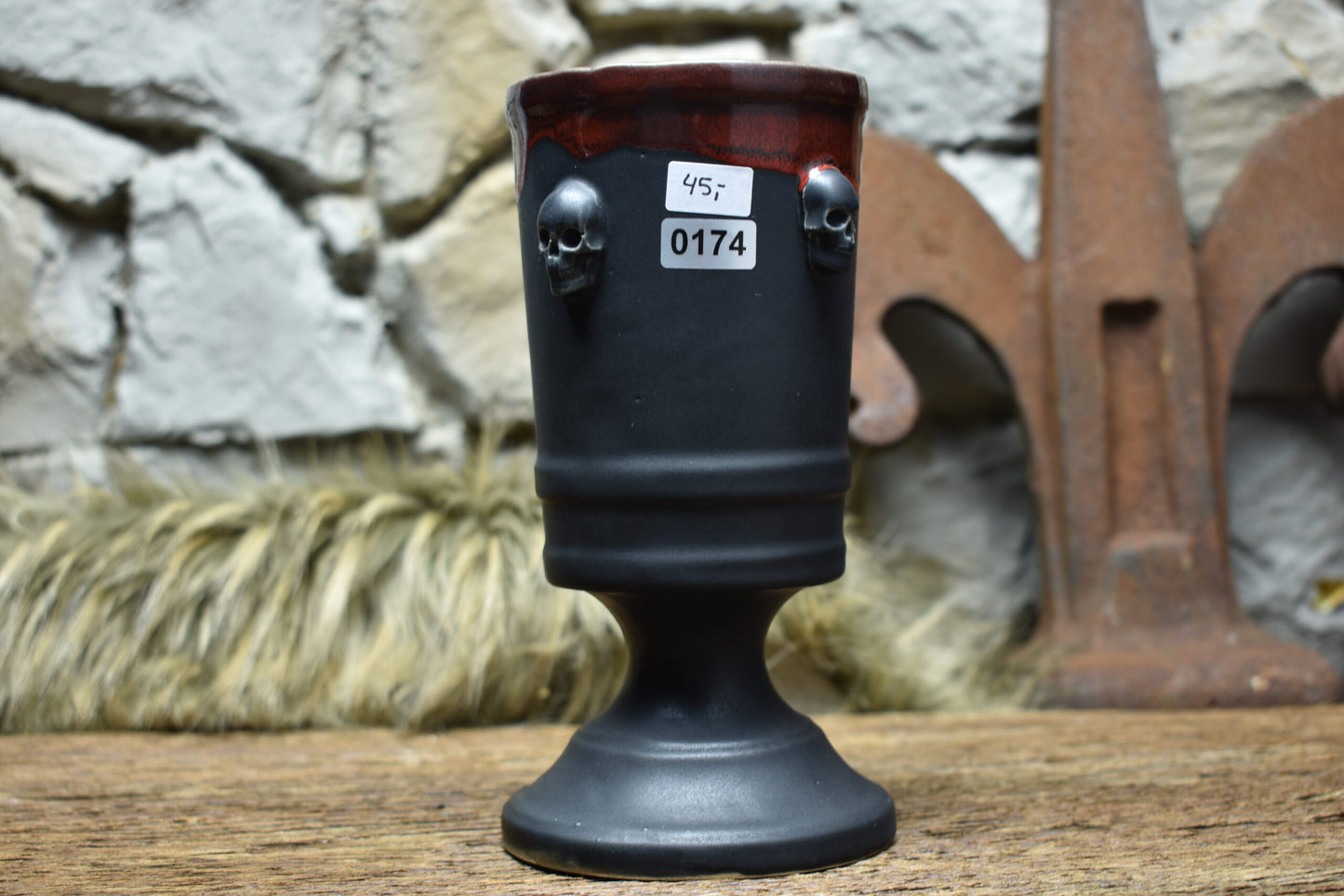 Handmade ceramic skull chalice 330ML with black matt and red glaze