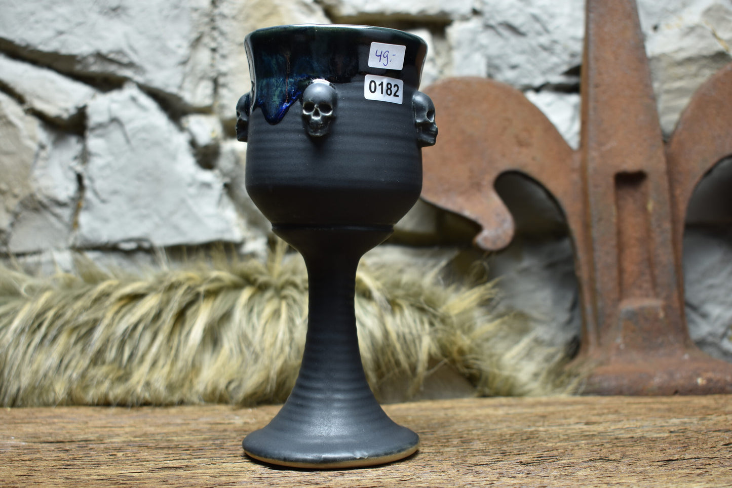 Handmade ceramic wine goblet with skulls - black matt and effect glaze 2