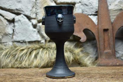 Handmade ceramic wine goblet with skulls - black matt and effect glaze 2