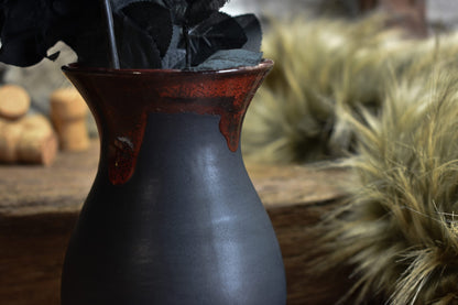 Handmade small vase black matt and red effect