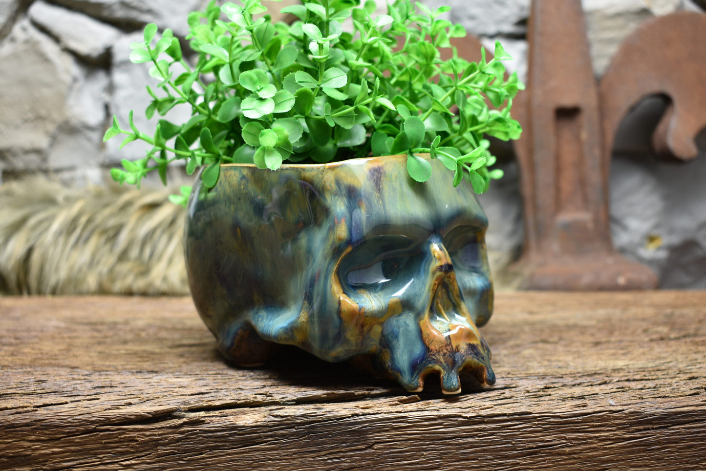 Medium size skull plantpot blue/green/brown effect glaze