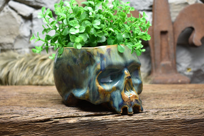 Medium size skull plantpot blue/green/brown effect glaze