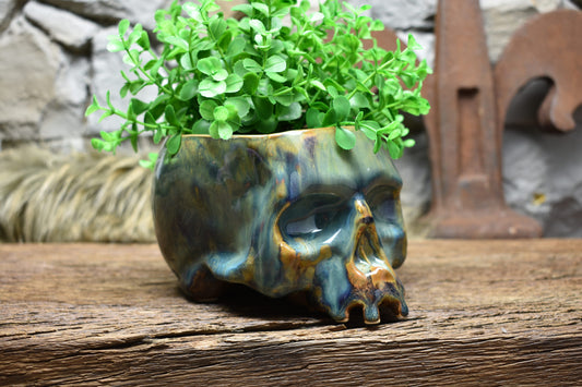 Medium size skull plantpot blue/green/brown effect glaze