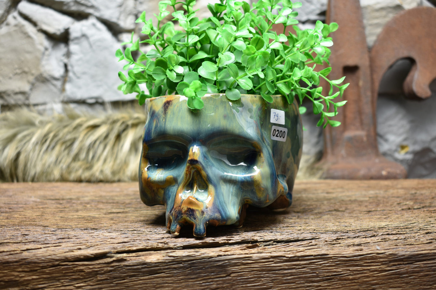 Medium size skull plantpot blue/green/brown effect glaze