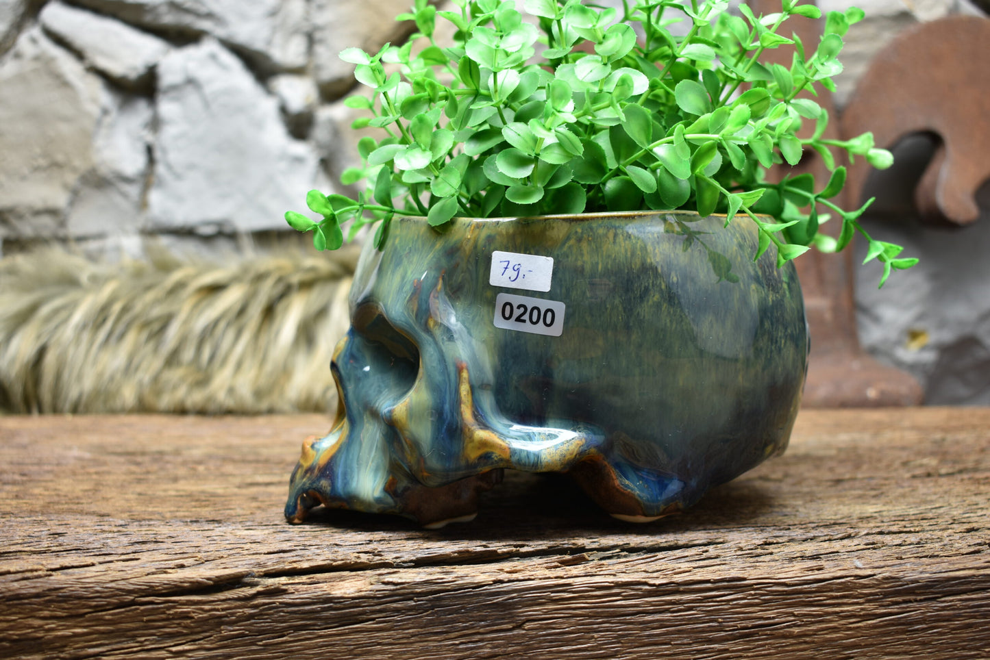 Medium size skull plantpot blue/green/brown effect glaze