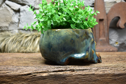 Medium size skull plantpot blue/green/brown effect glaze