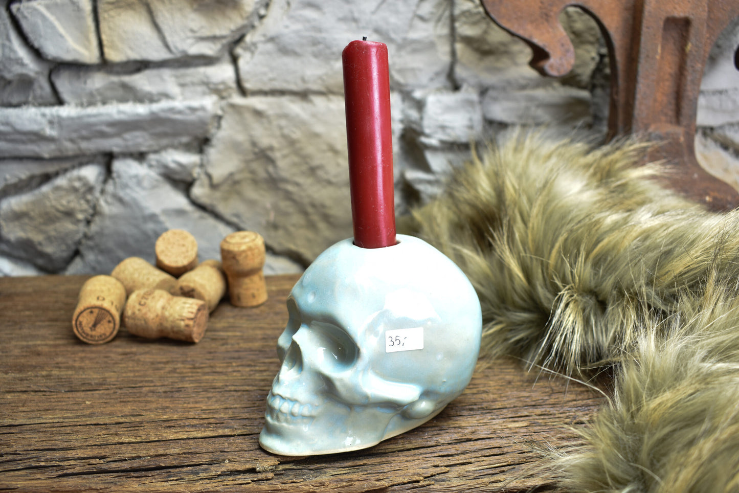 Handmade ceramic skull candle holder light blue