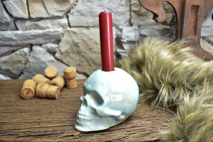 Handmade ceramic skull candle holder light blue