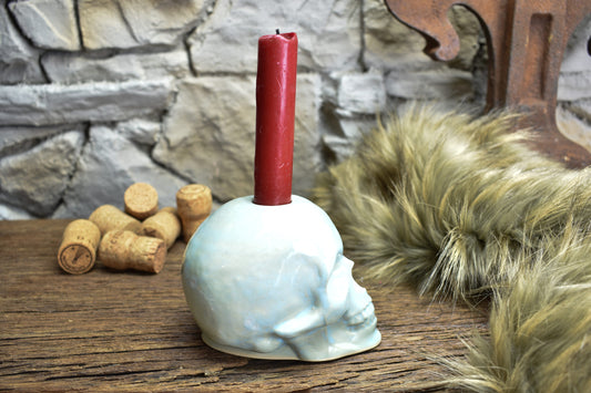 Handmade ceramic skull candle holder light blue