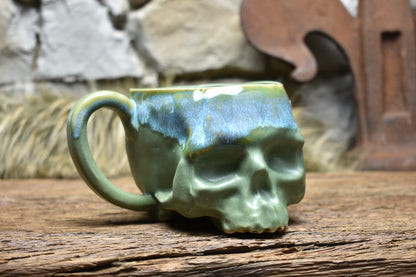 Skull mug green matt and blue effect glaze 2