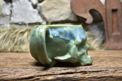 Skull mug green matt and blue effect glaze 2