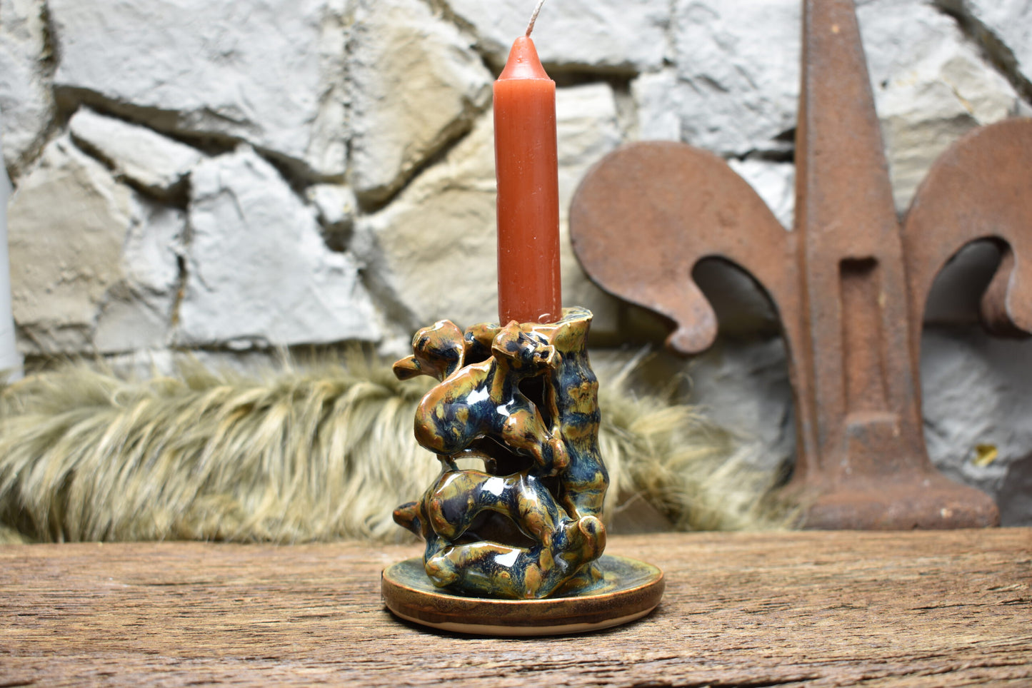 Handmade ceramic spine candle holder small blue/green/brown effect 3