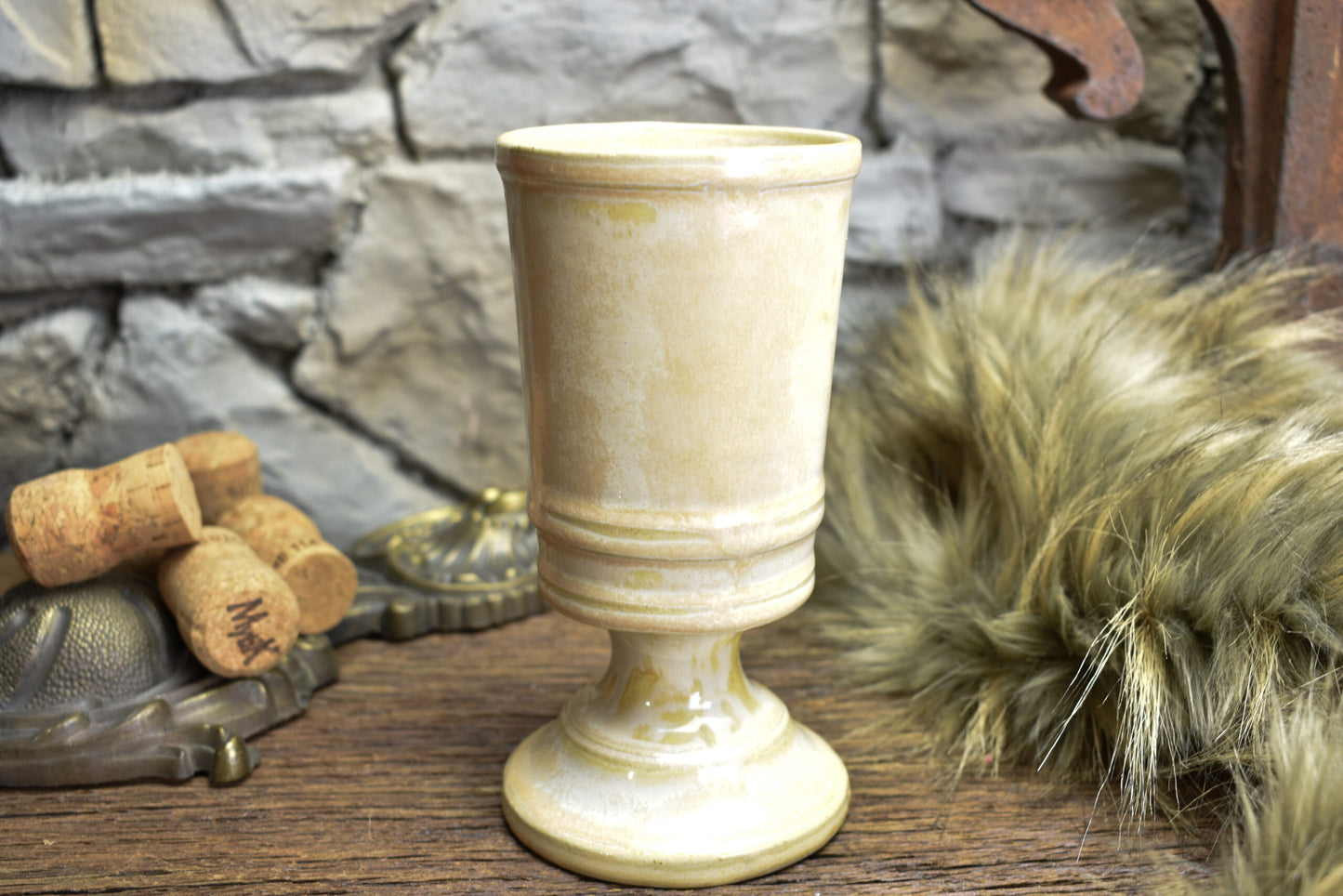 Handmade ceramic chalice beige effect glaze