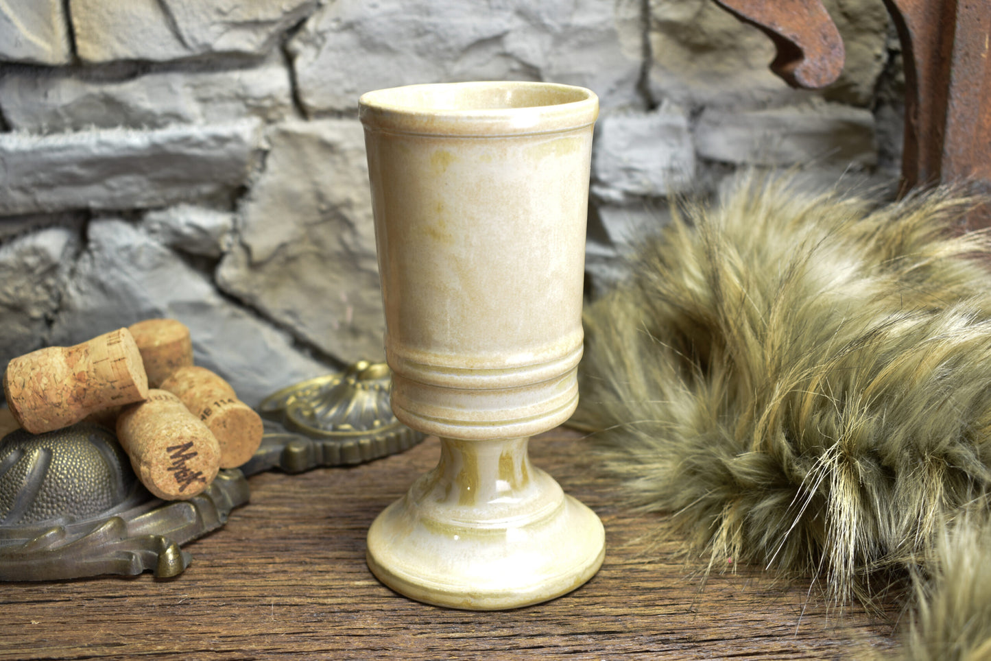 Handmade ceramic chalice beige effect glaze