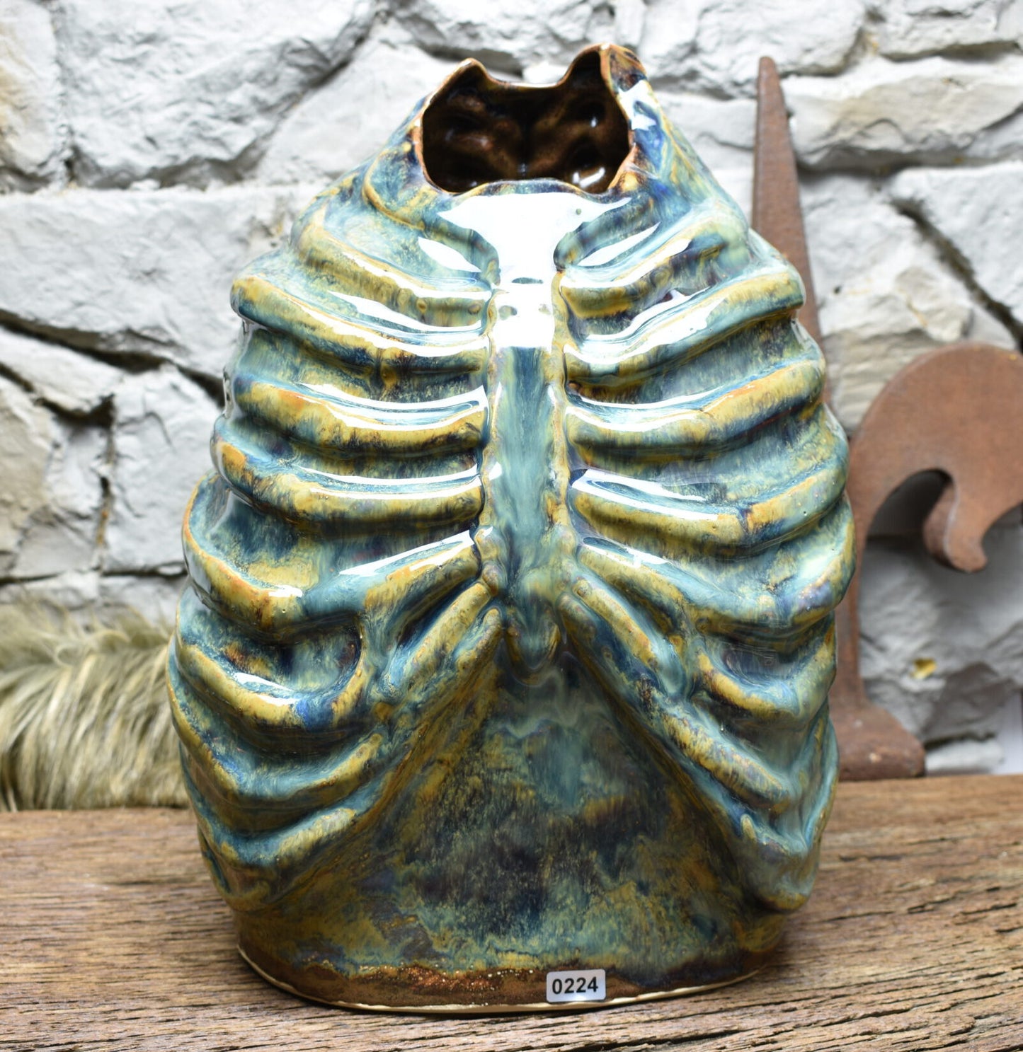 Handmade ribcage vase brown green blue effect glaze
