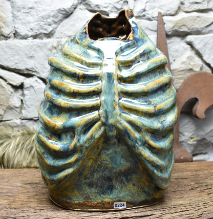 Handmade ribcage vase brown green blue effect glaze