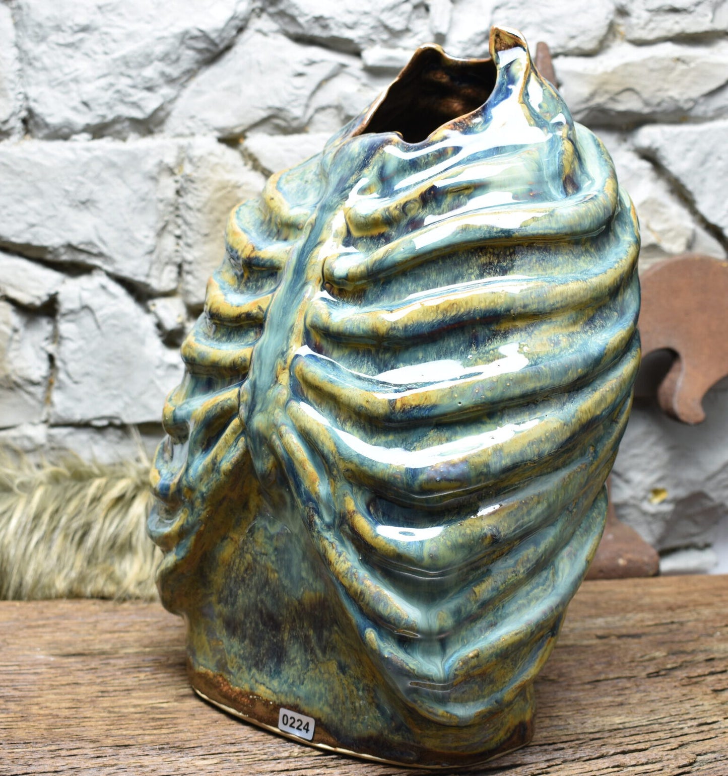 Handmade ribcage vase brown green blue effect glaze