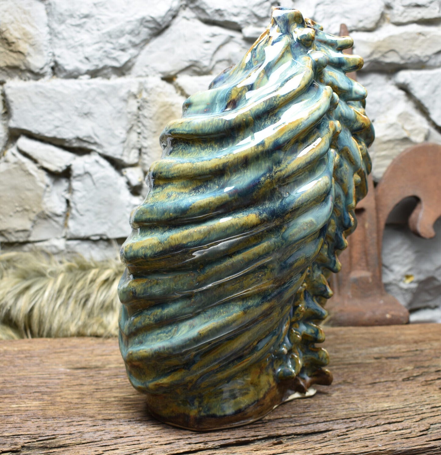 Handmade ribcage vase brown green blue effect glaze