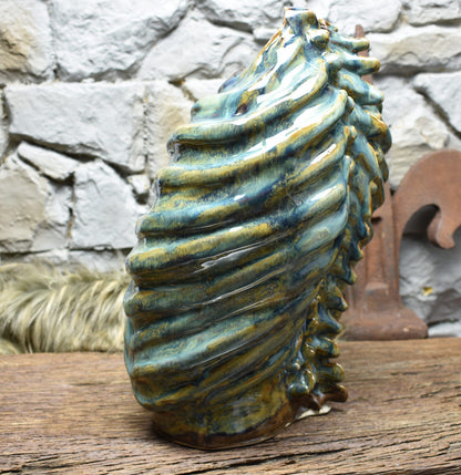 Handmade ribcage vase brown green blue effect glaze