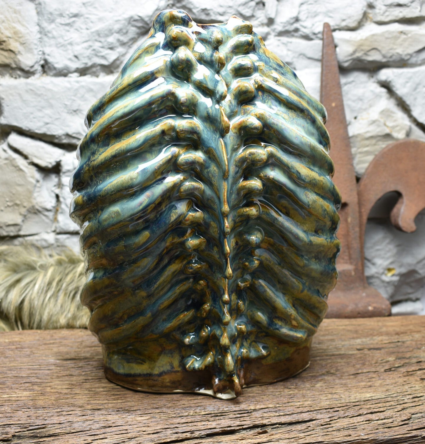 Handmade ribcage vase brown green blue effect glaze