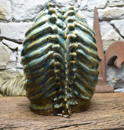 Handmade ribcage vase brown green blue effect glaze