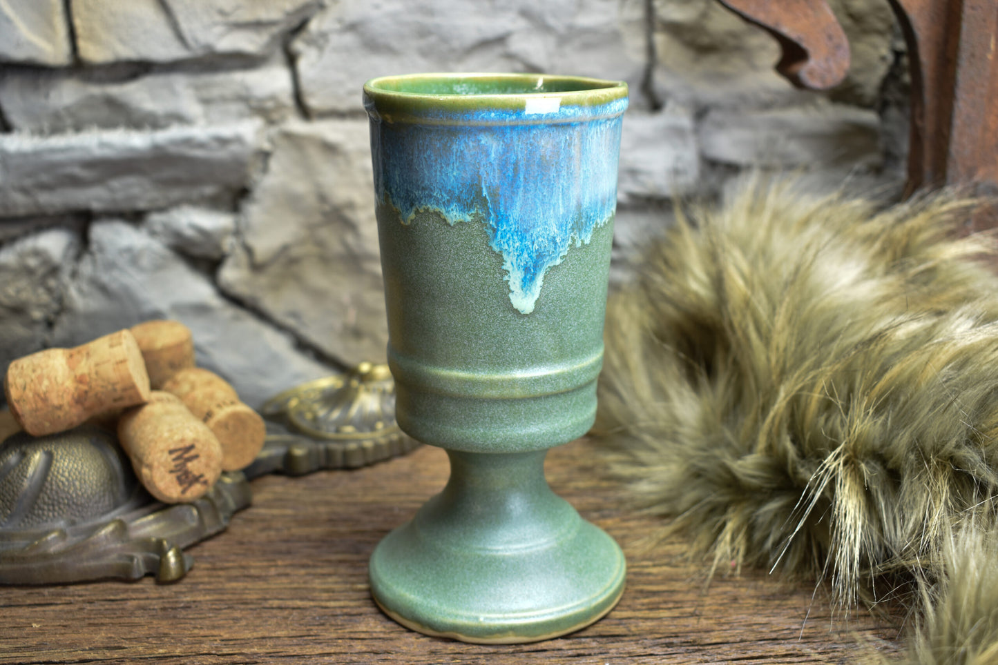 Handmade ceramic chalice green matt with blue effect
