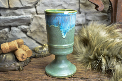 Handmade ceramic chalice green matt with blue effect