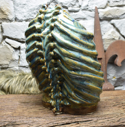 Handmade ribcage vase brown green blue effect glaze
