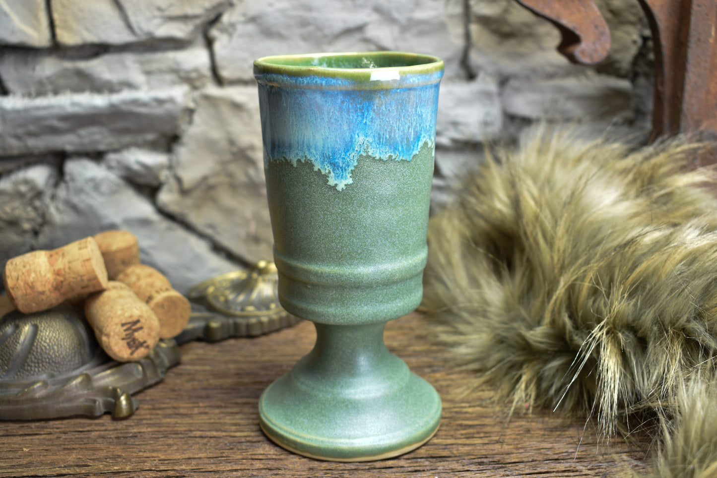Handmade ceramic chalice green matt with blue effect