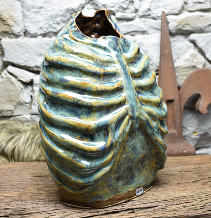 Handmade ribcage vase brown green blue effect glaze