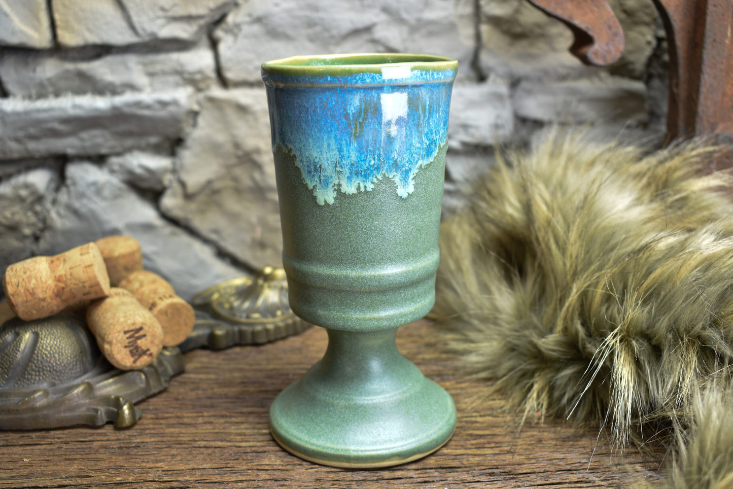 Handmade ceramic chalice green matt with blue effect