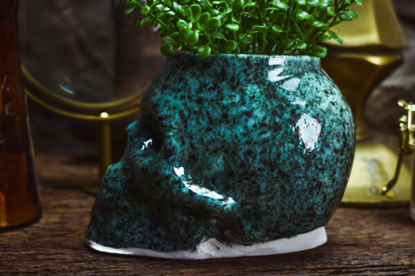 Small skull plantpot shiny turquoise effect - Image 4