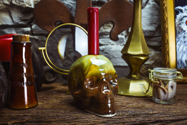 Handmade ceramic skull candle holder brown matt and shiny effect glaze