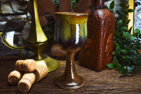 Handmade ceramic wine goblet with matt brown and shiny effect glaze - Image 4