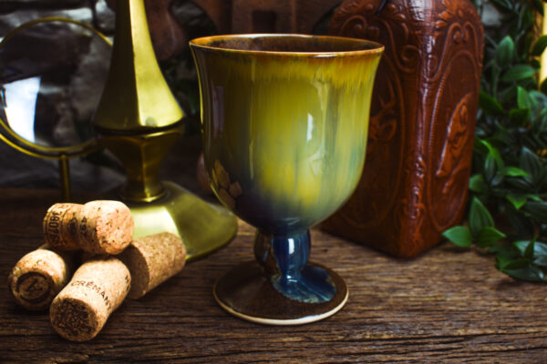 Handmade ceramic chalice with brown and blue effect glaze