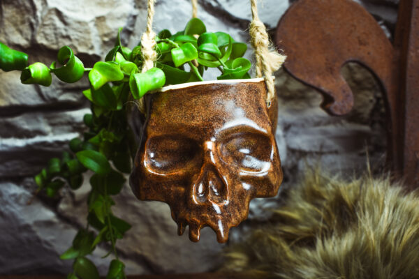 Medium size hanging skull plantpot brown matt