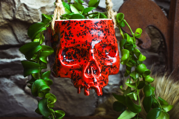 Medium size hanging skull plantpot shiny red and black spots