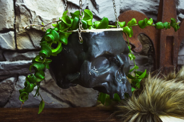 Large hanging skull plantpot matt black crackle effect - Image 2