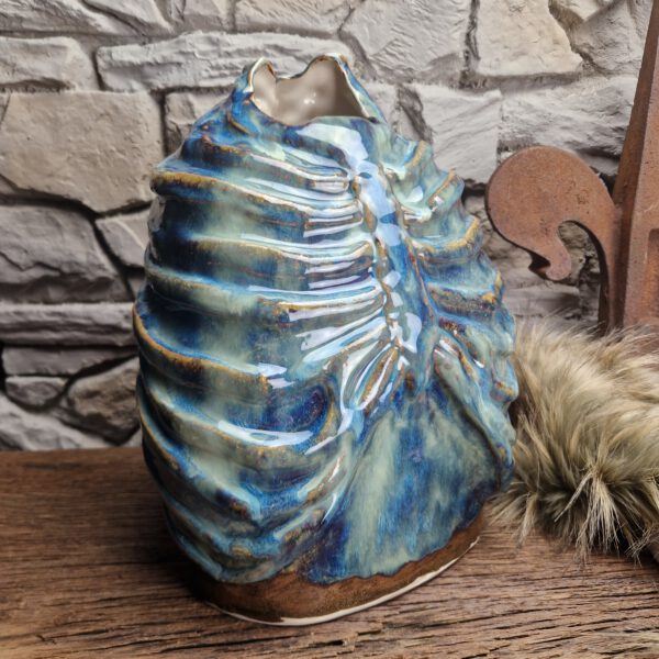 Handmade ribcage vase blue/brown effect glaze