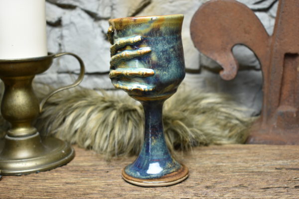 *a bit crooked* Handmade ceramic wine goblet brown blue effect glaze - Image 2