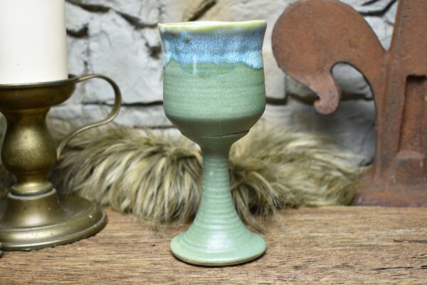 Handmade ceramic wine goblet green matt and effect glaze 1