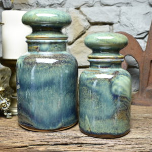 Set of 2 apothecary pots brown/blue effect glaze