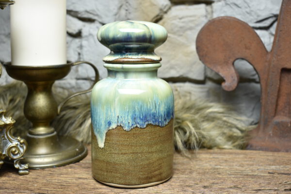 Apothecary pot brown green blue effect glaze
