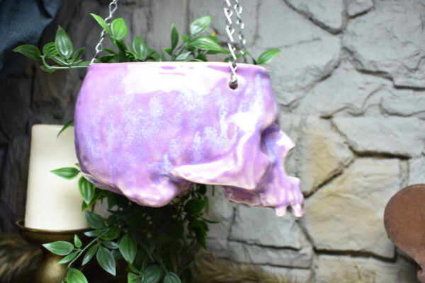 Large hanging skull plantpot lilac effect glaze - Image 4