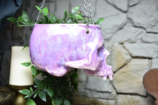 Large hanging skull plantpot lilac effect glaze - Image 3