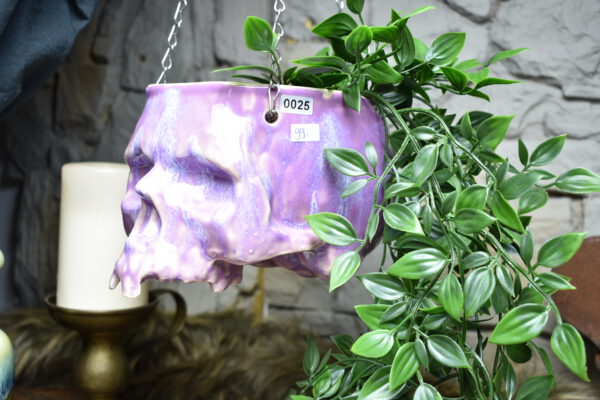 Large hanging skull plantpot lilac effect glaze