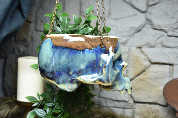 Large hanging skull plantpot brownblue effect glaze 1 - Image 2