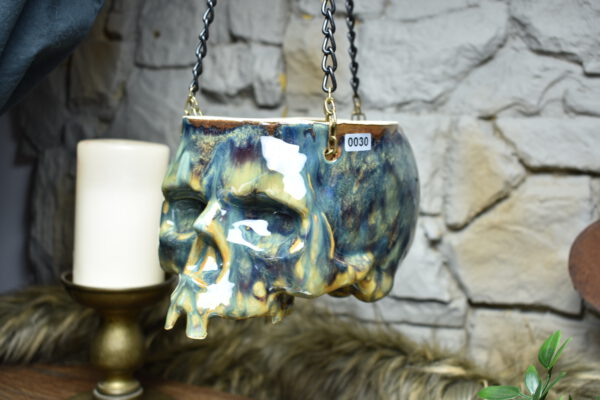 Large hanging skull plantpot brownblue effect glaze 2 - Image 3