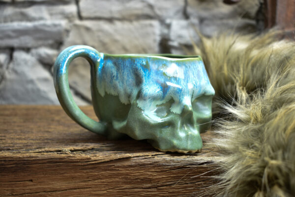 Skull mug green matt and blue effect glaze 1