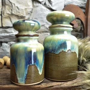 Set of 2 apothecary pots brown/blue effect glaze